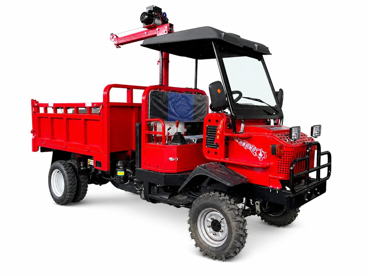 Red four-wheel-drive farm vehicle equipped with a compact lifting crane