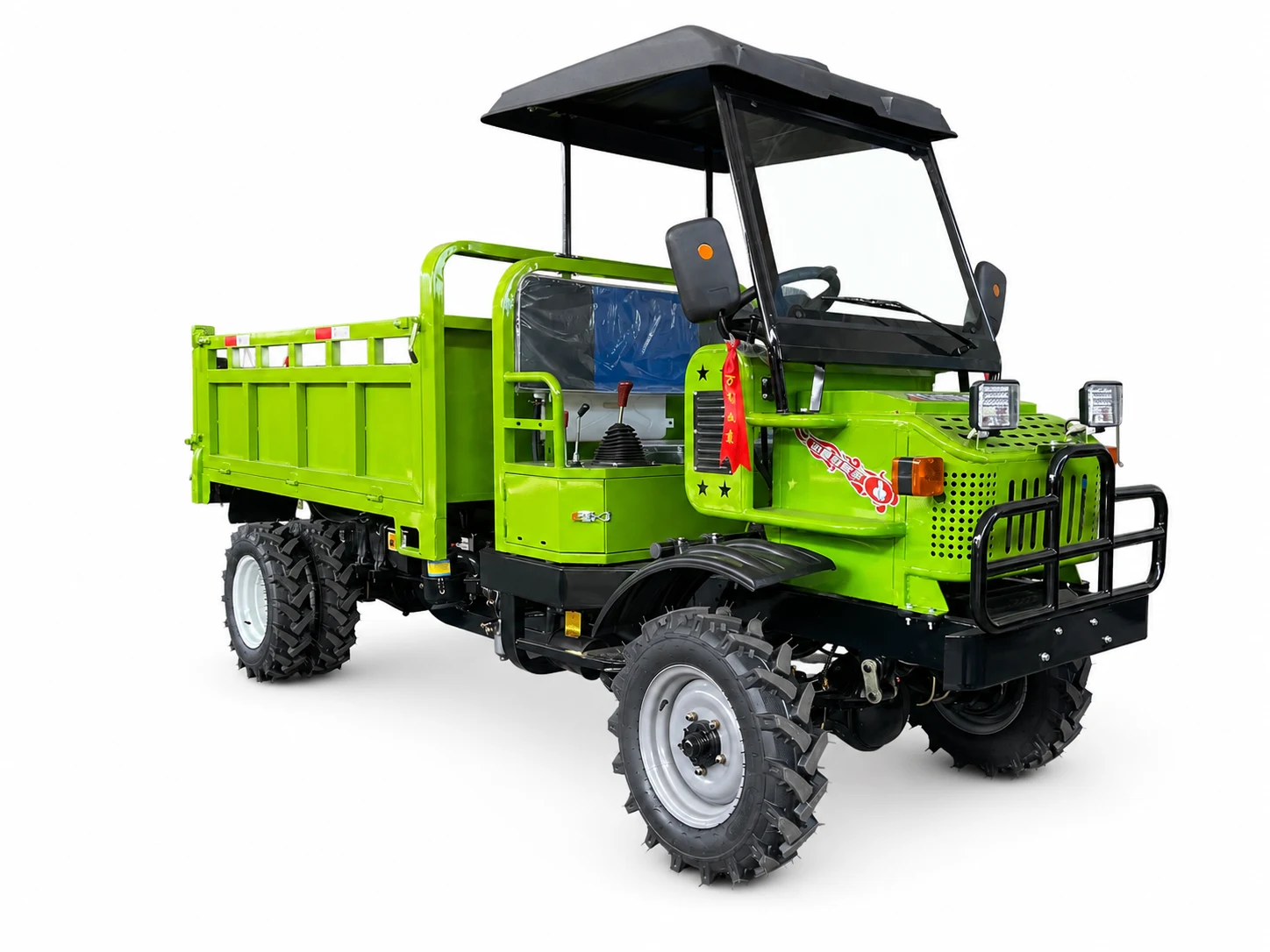 Green custom four-wheel-drive farm utility vehicle with canopy and steel cargo bed